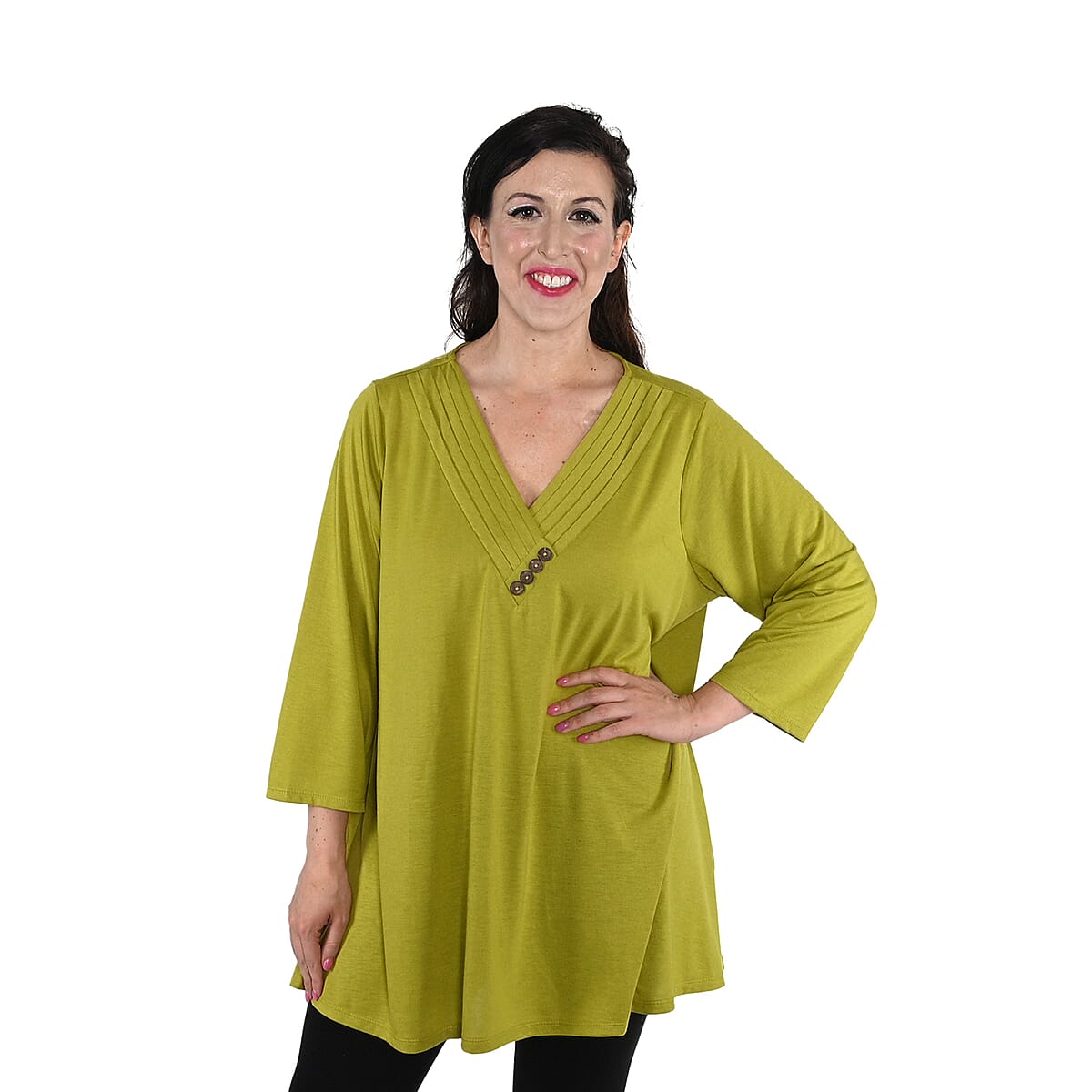 KAKTUS 3/4 Sleeve Split Pea V-Neck Top with Button Detail - Size 2X image number 0