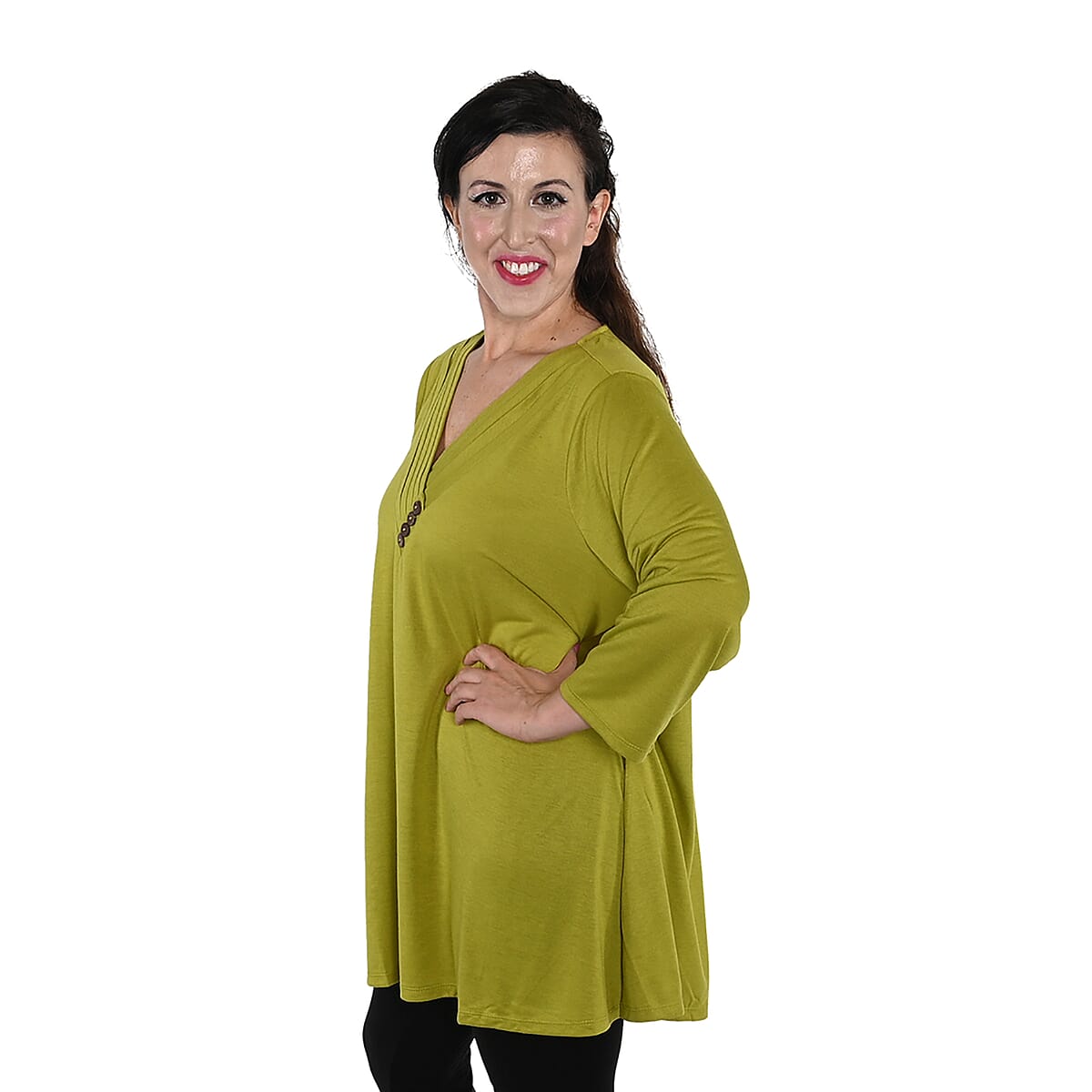 KAKTUS 3/4 Sleeve Split Pea V-Neck Top with Button Detail - Size 2X image number 2