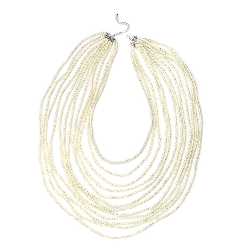 Simulated Pearl Multi Strand Necklace in Silvertone Necklace| White Multi Layered Necklace| Multi Strand Necklace   (21-24 Inches)