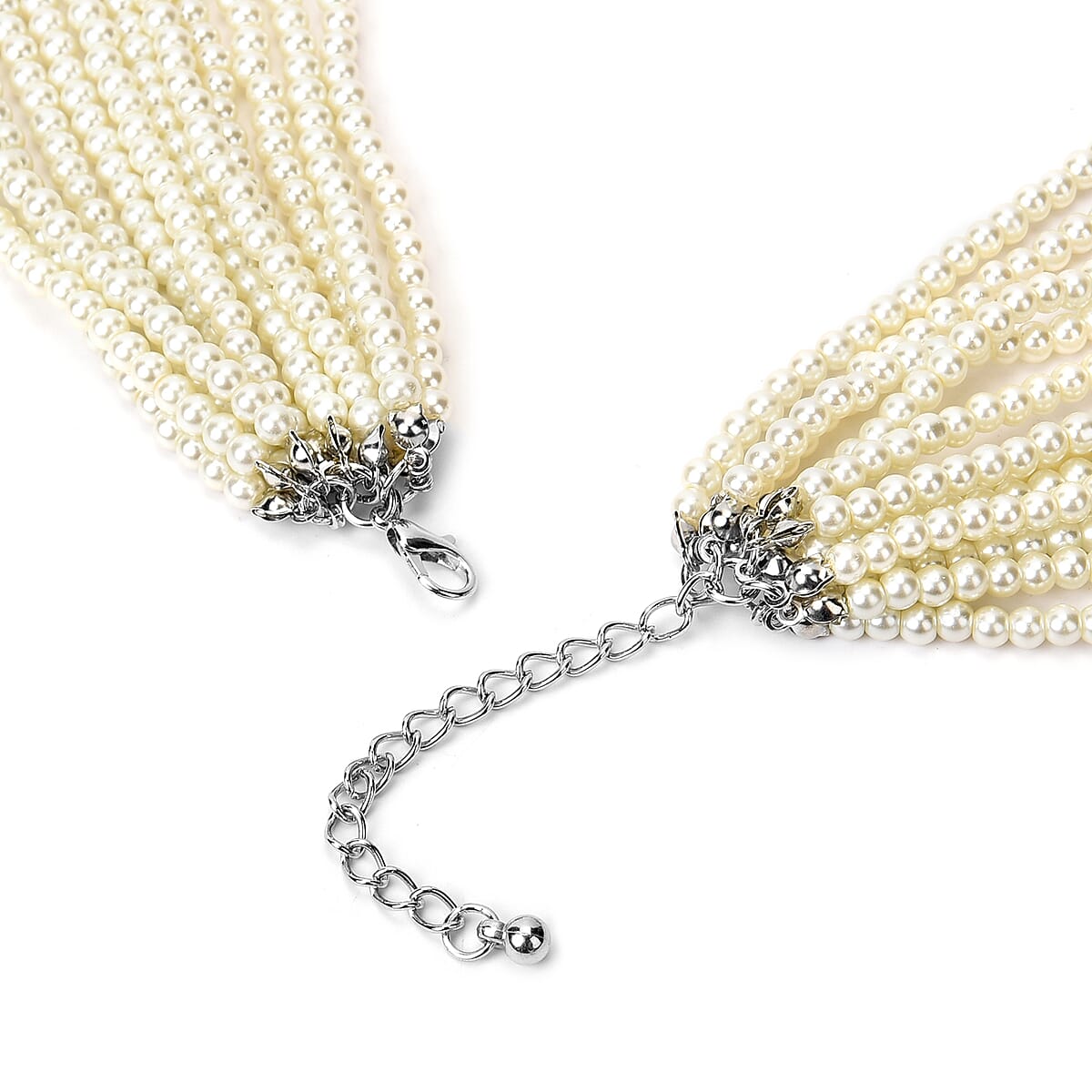 Simulated White Color Pearl Multi Strand Necklace 21-24 Inches in Silvertone image number 3