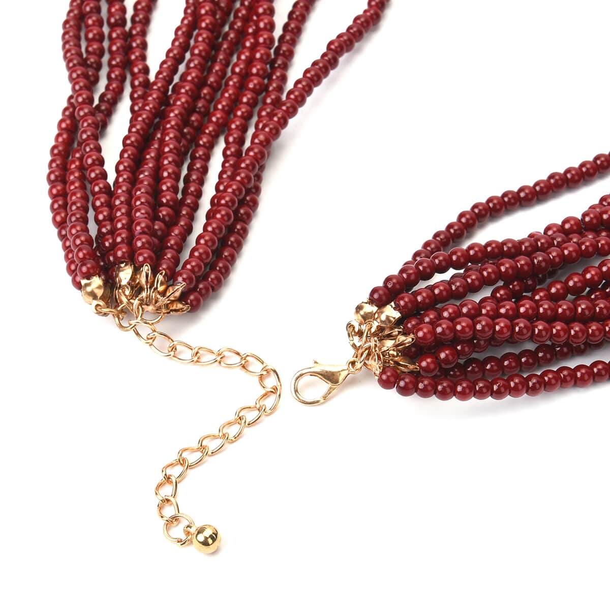 Simulated Red Color Pearl Multi Strand Necklace 21-24 Inches in Goldtone image number 3