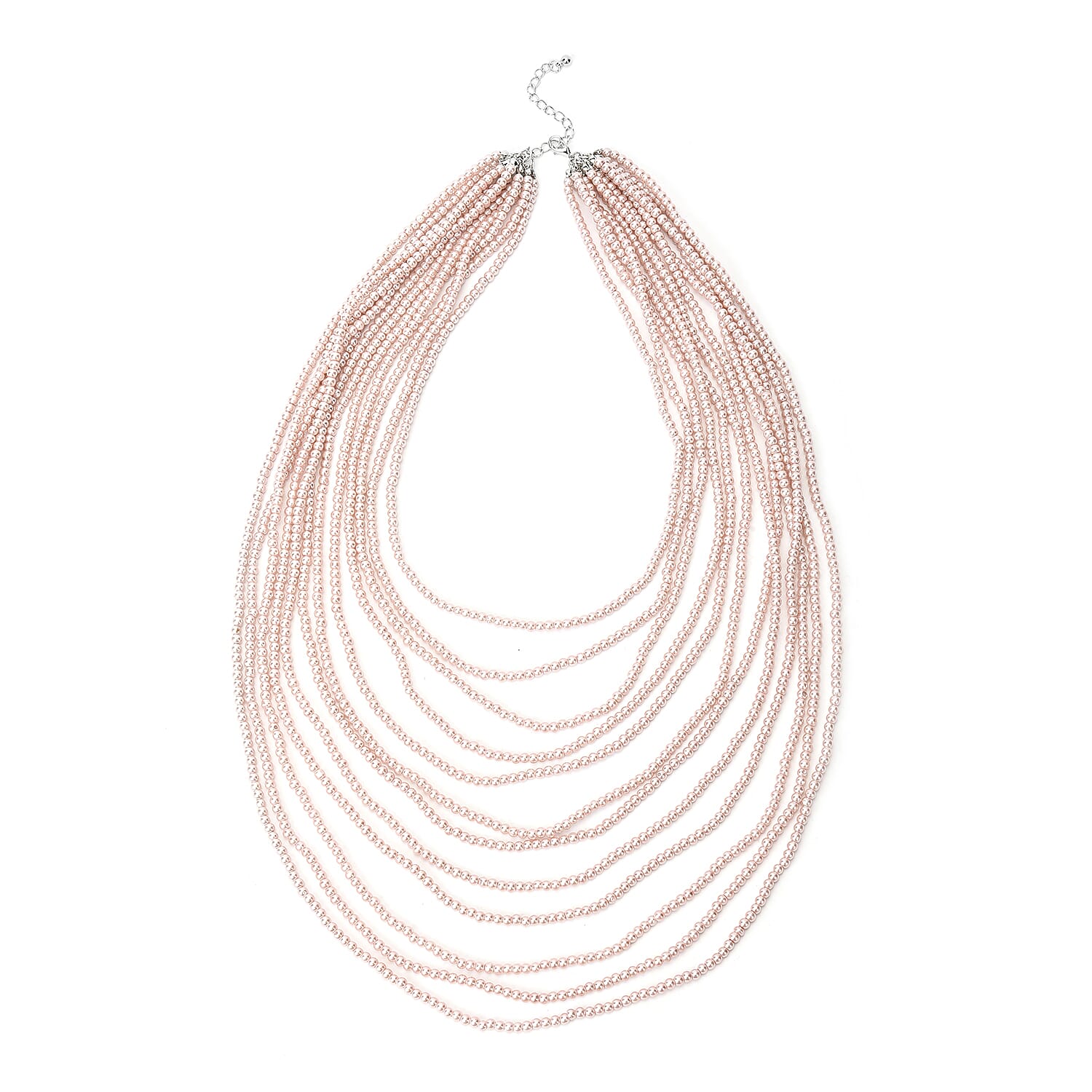 Simulated Pearl Multi Strand Necklace in Silvertone Necklace| Peach Multi Layered Necklace| Multi Strand Necklace   (21-24 Inches)