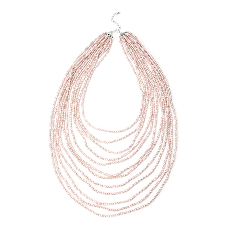 Simulated Pearl Multi Strand Necklace in Silvertone Necklace| Peach Multi Layered Necklace| Multi Strand Necklace   (21-24 Inches)