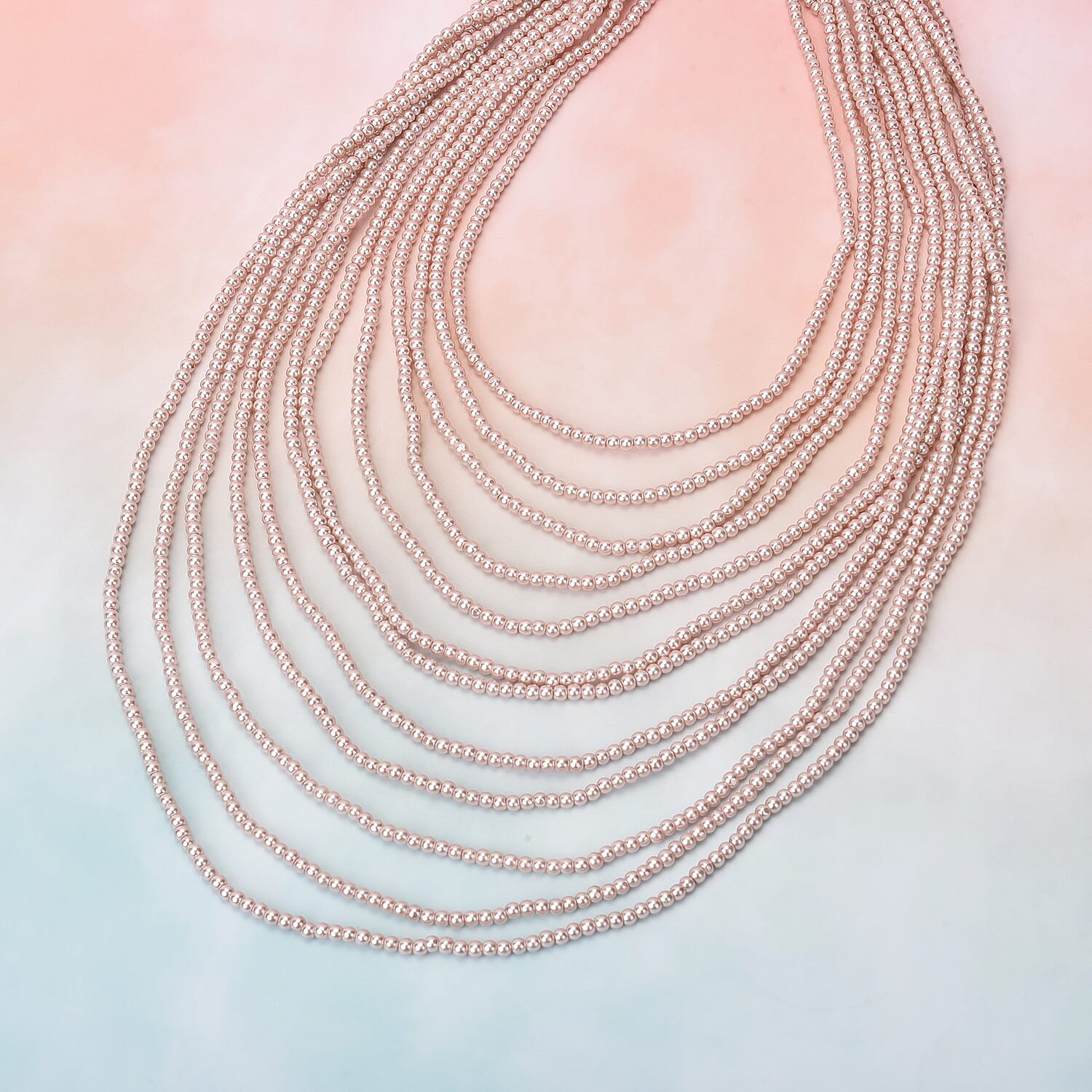 Simulated Pearl Multi Strand Necklace in Silvertone Necklace| Peach Multi Layered Necklace| Multi Strand Necklace   (21-24 Inches)