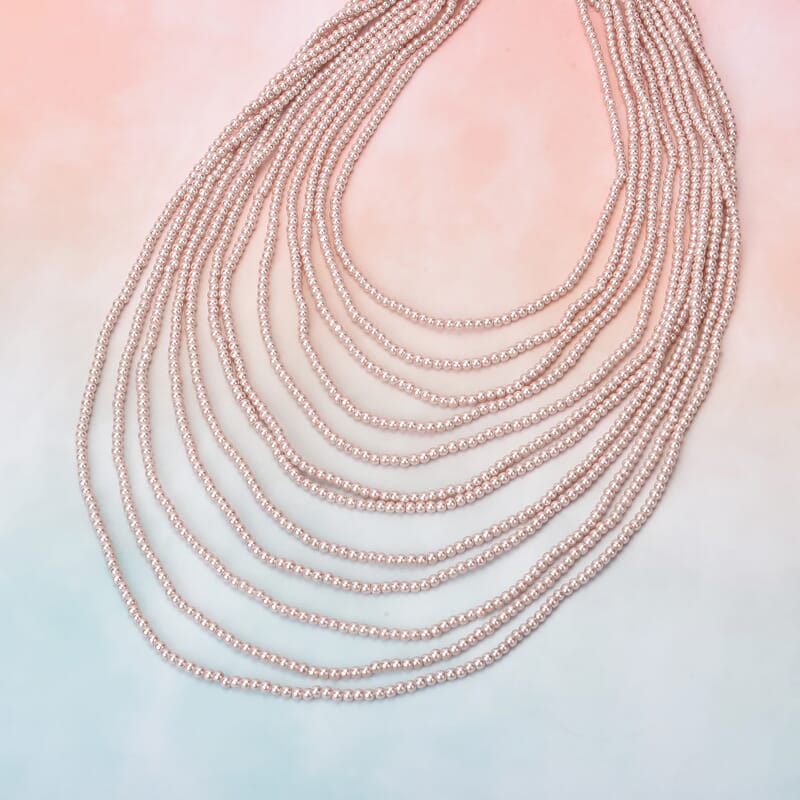 Simulated Pearl Multi Strand Necklace in Silvertone Necklace| Peach Multi Layered Necklace| Multi Strand Necklace   (21-24 Inches)