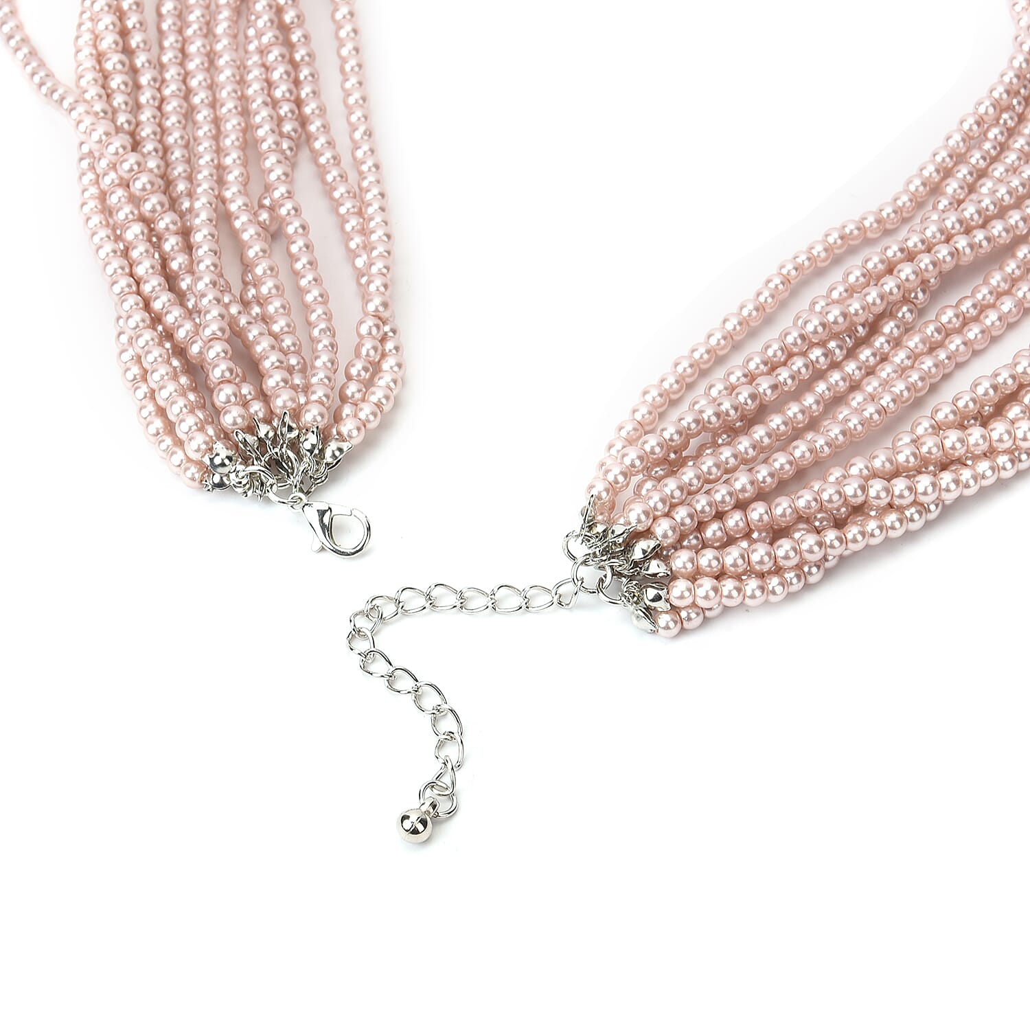 Simulated Pearl Multi Strand Necklace in Silvertone Necklace| Peach Multi Layered Necklace| Multi Strand Necklace   (21-24 Inches)