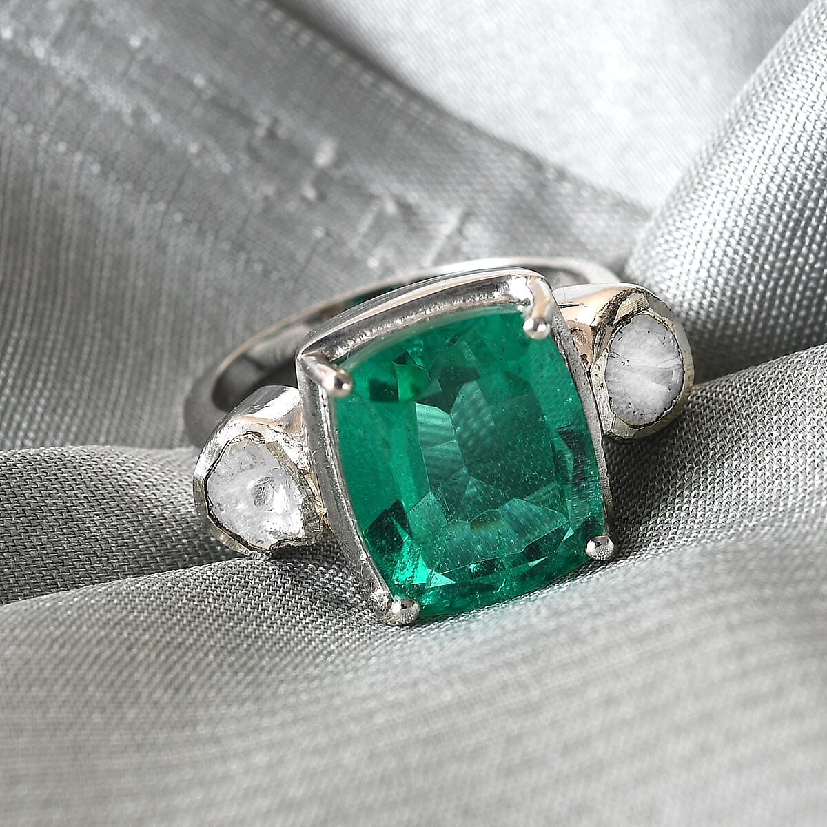 Emeraldine Quartz (Triplet) and Polki Diamond Ring in Platinum Over Sterling Silver (Size 8.0) 5.50 ctw image number 1
