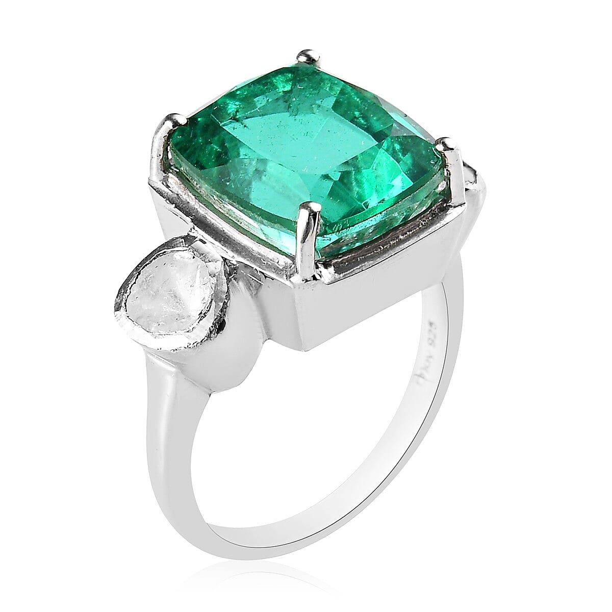 Emeraldine Quartz (Triplet) and Polki Diamond Ring in Platinum Over Sterling Silver (Size 8.0) 5.50 ctw image number 3
