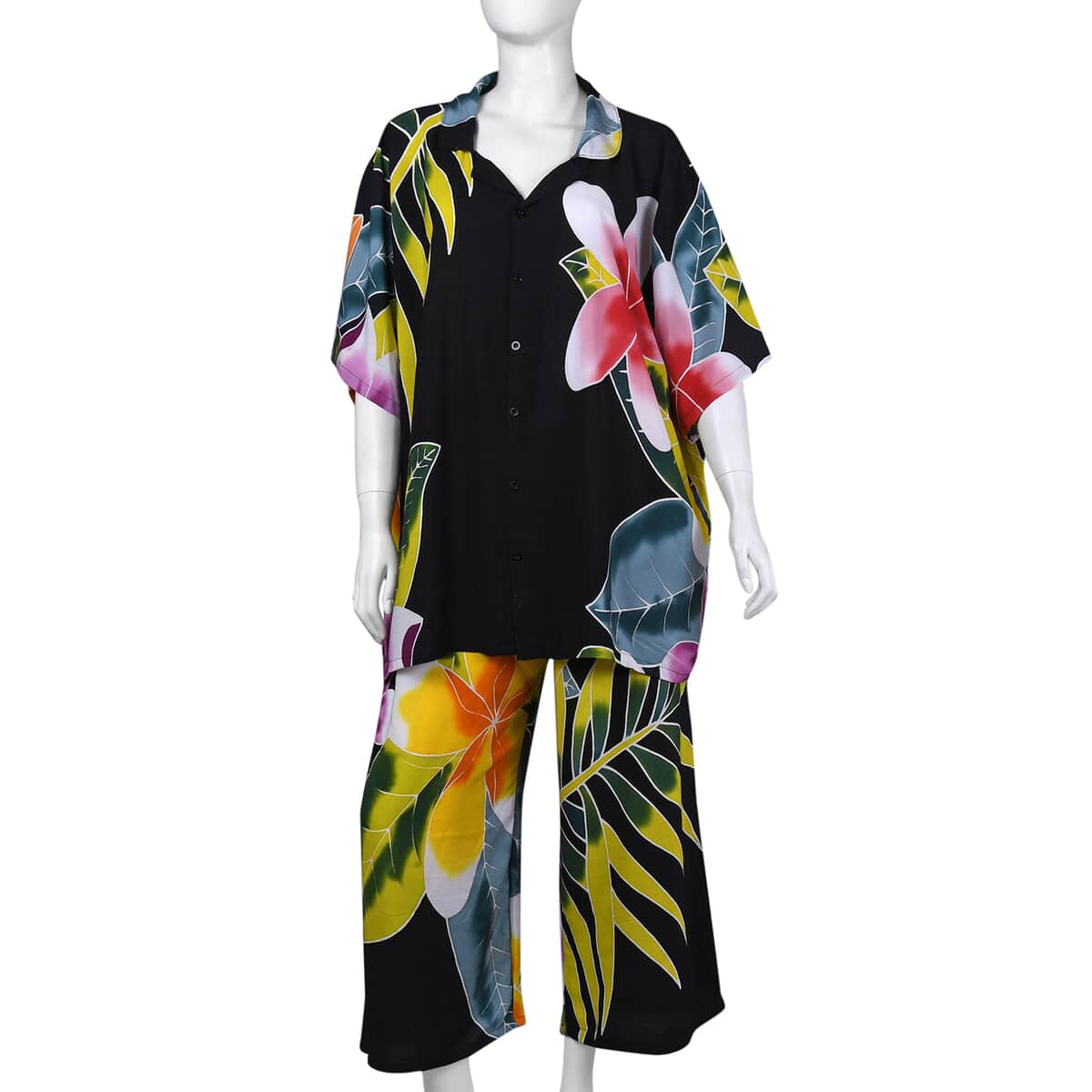Black Plumeria Hand Painted Rayon Sleepwear and Loungewear - Size XL, Pajama Sets, Lounge Sets, Womens Loungewear, Lounge Wear Sets image number 0