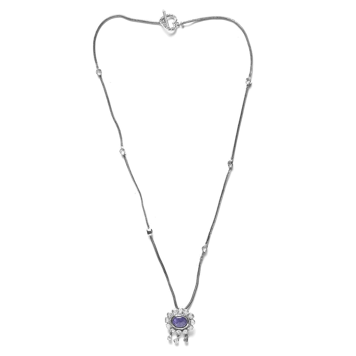 Artisan Crafted Tanzanite Carved and Polki Diamond Floral Necklace 20 Inches in Rhodium Over Sterling Silver 5.40 ctw image number 0