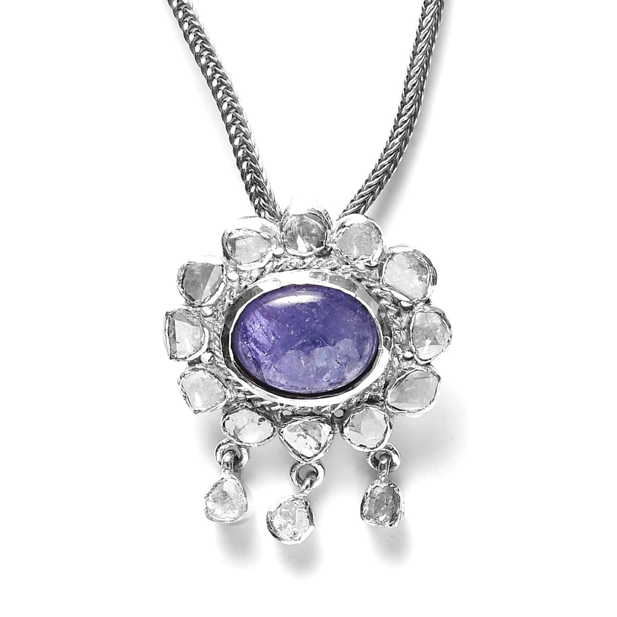Artisan Crafted Tanzanite Carved and Polki Diamond Floral Necklace 20 Inches in Rhodium Over Sterling Silver 5.40 ctw image number 1