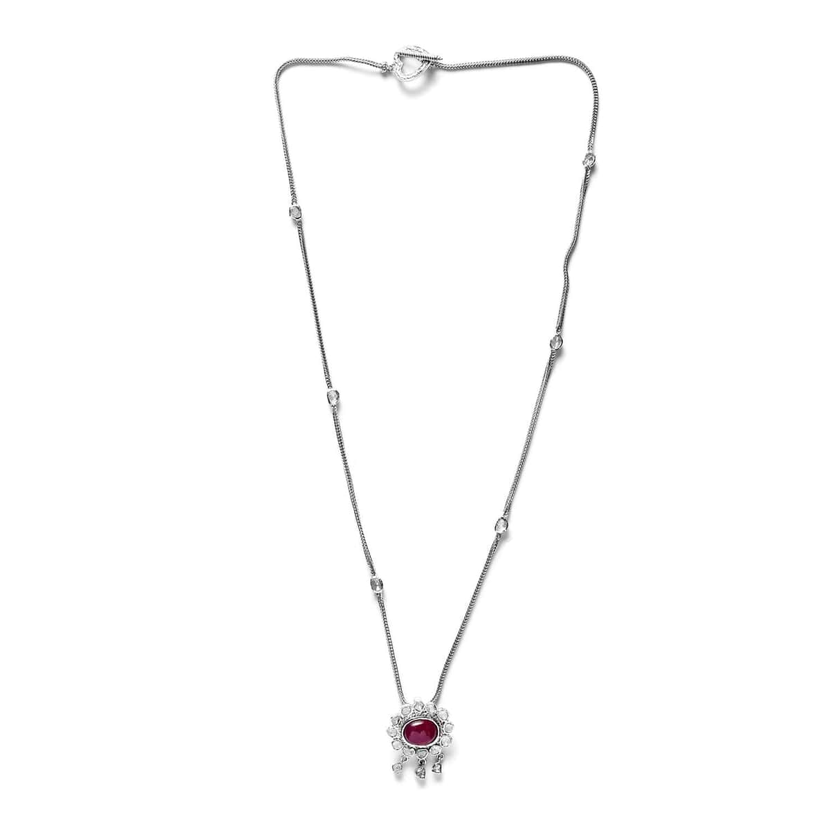 Niassa Ruby (FF) Carved and Polki Diamond Floral Necklace 20 Inches in Rhodium Over Sterling Silver 6.35 ctw image number 0