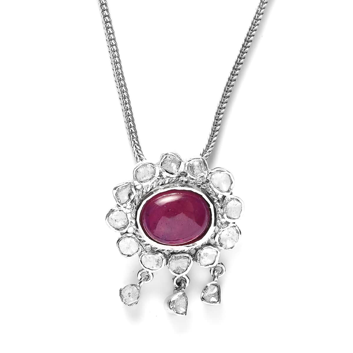 Niassa Ruby (FF) Carved and Polki Diamond Floral Necklace 20 Inches in Rhodium Over Sterling Silver 6.35 ctw image number 1