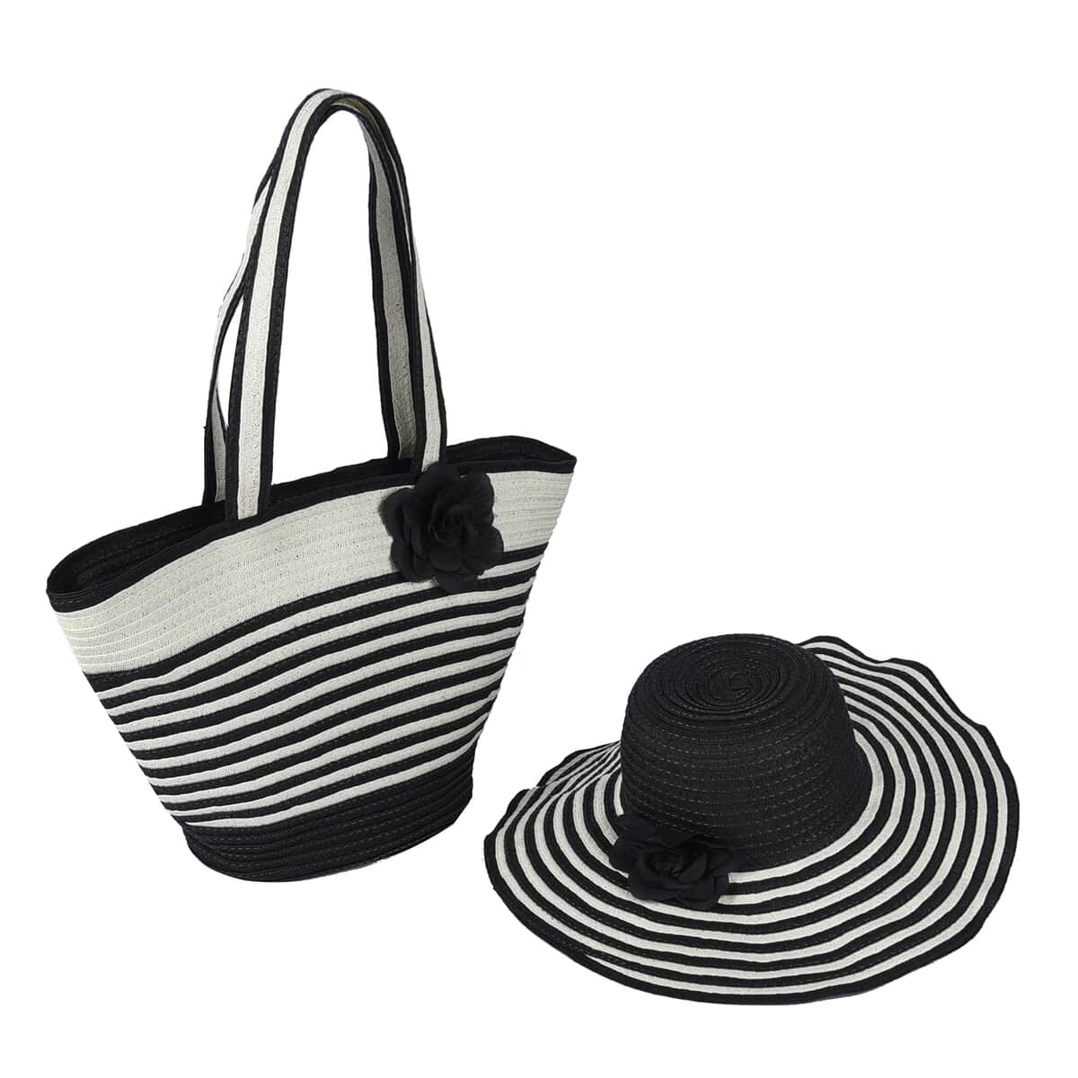 Black and White Stripe Pattern Polyester Handbag with Matching Paper Straw Hat image number 0
