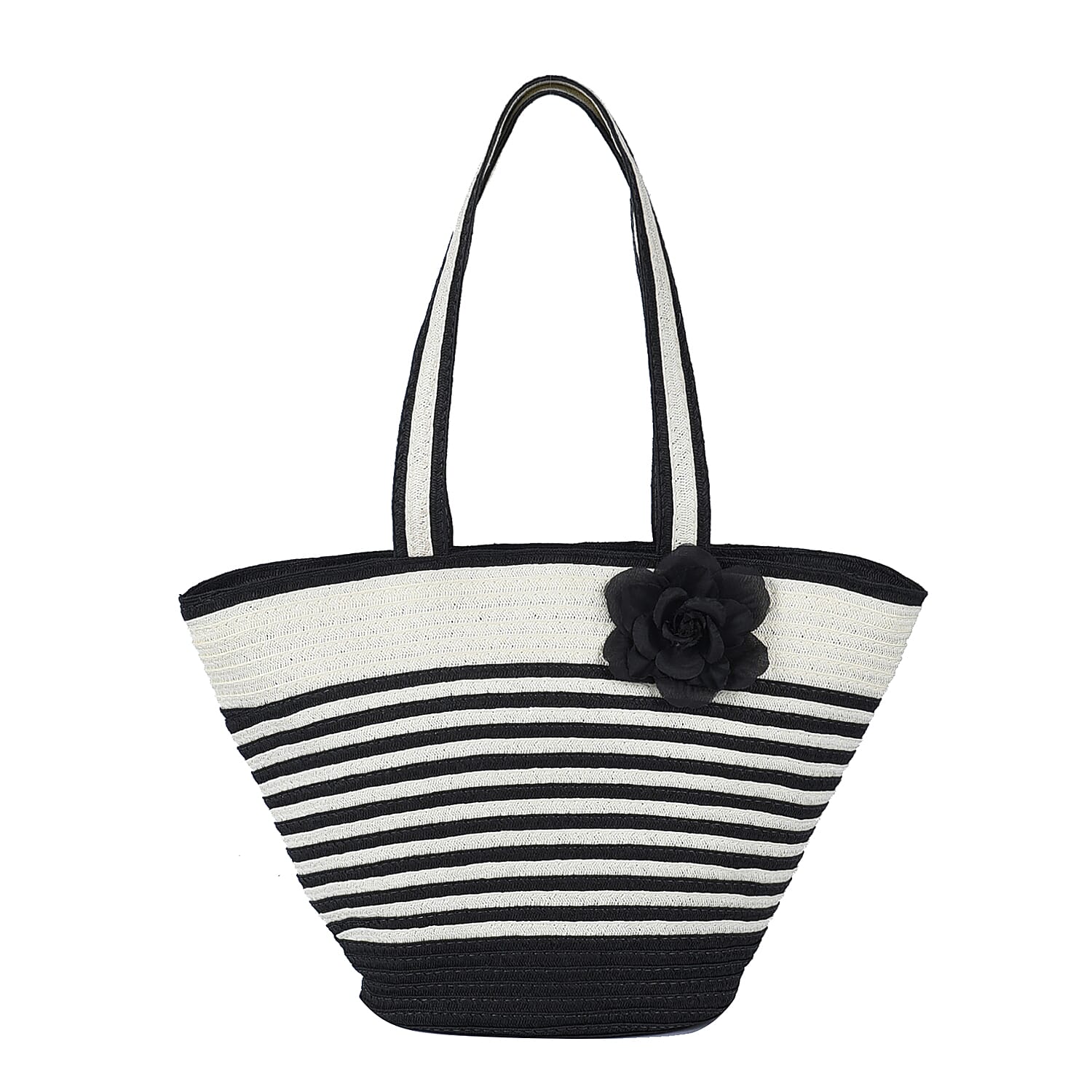 Black and White Stripe Pattern Polyester Handbag with Matching Paper Straw Hat