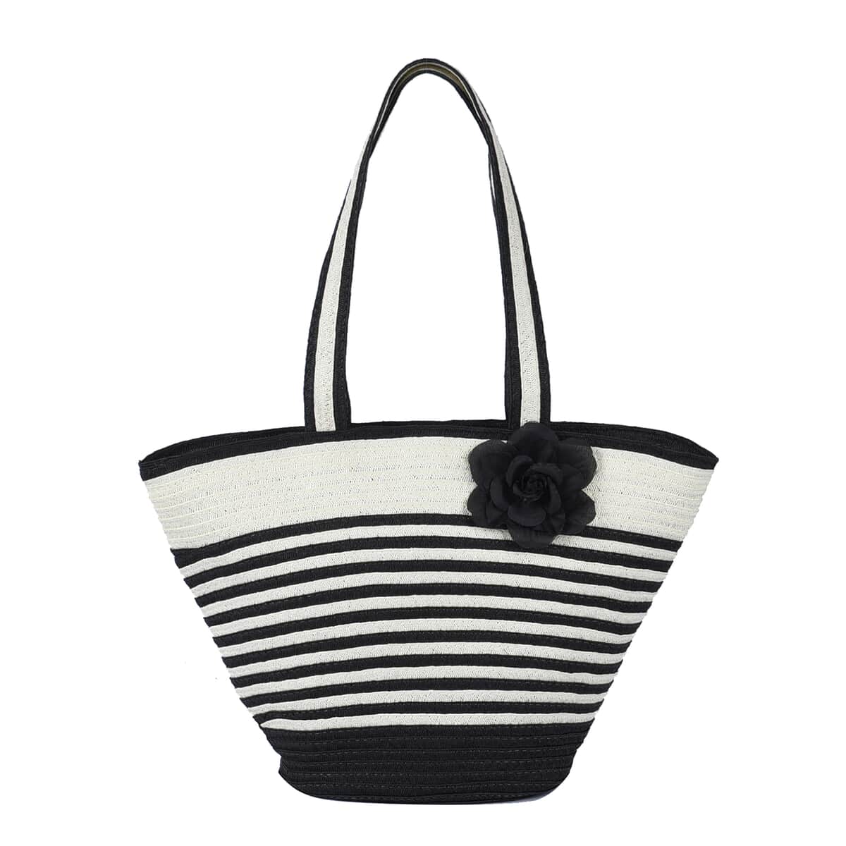 Black and White Stripe Pattern Polyester Handbag with Matching Paper Straw Hat image number 3