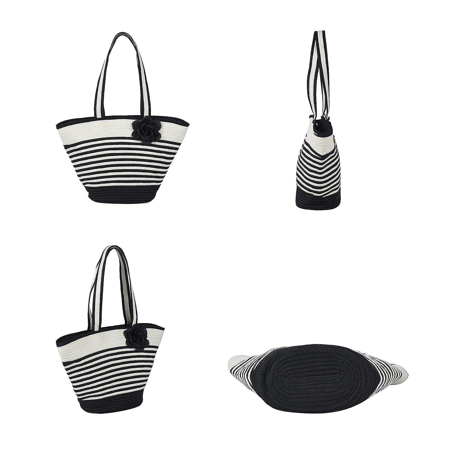 Black and White Stripe Pattern Polyester Handbag with Matching Paper Straw Hat