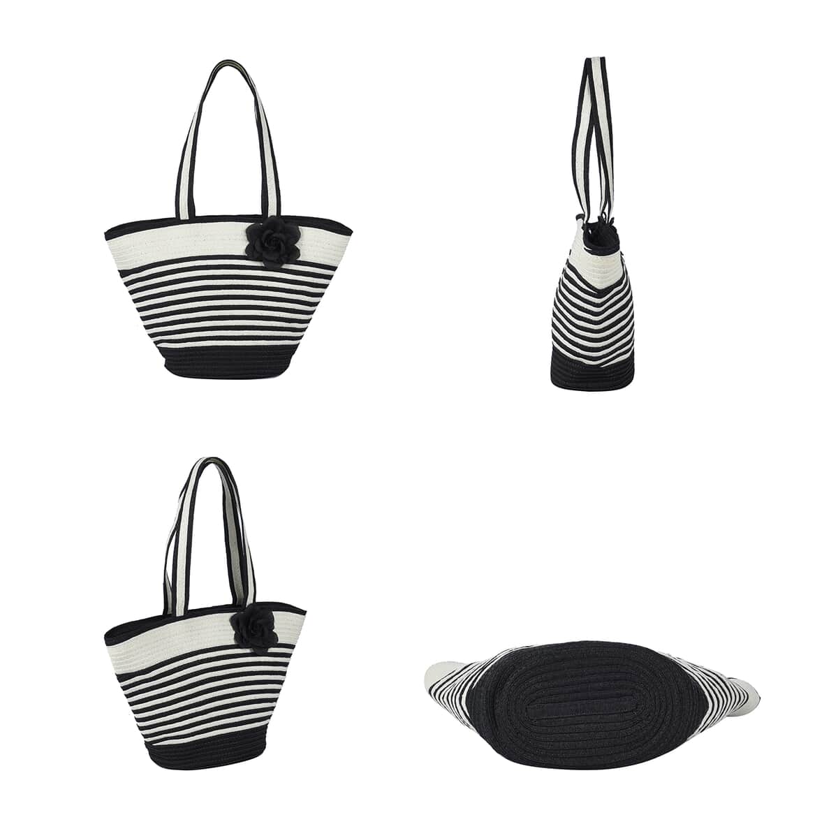 Black and White Stripe Pattern Polyester Handbag with Matching Paper Straw Hat image number 4