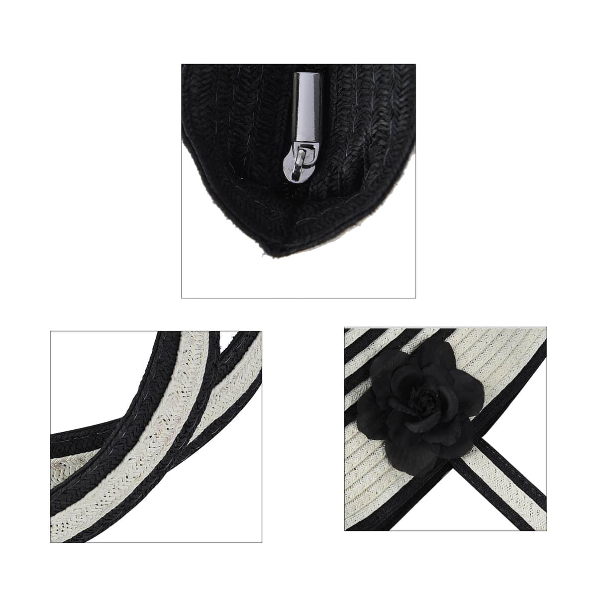 Black and White Stripe Pattern Polyester Handbag with Matching Paper Straw Hat image number 5