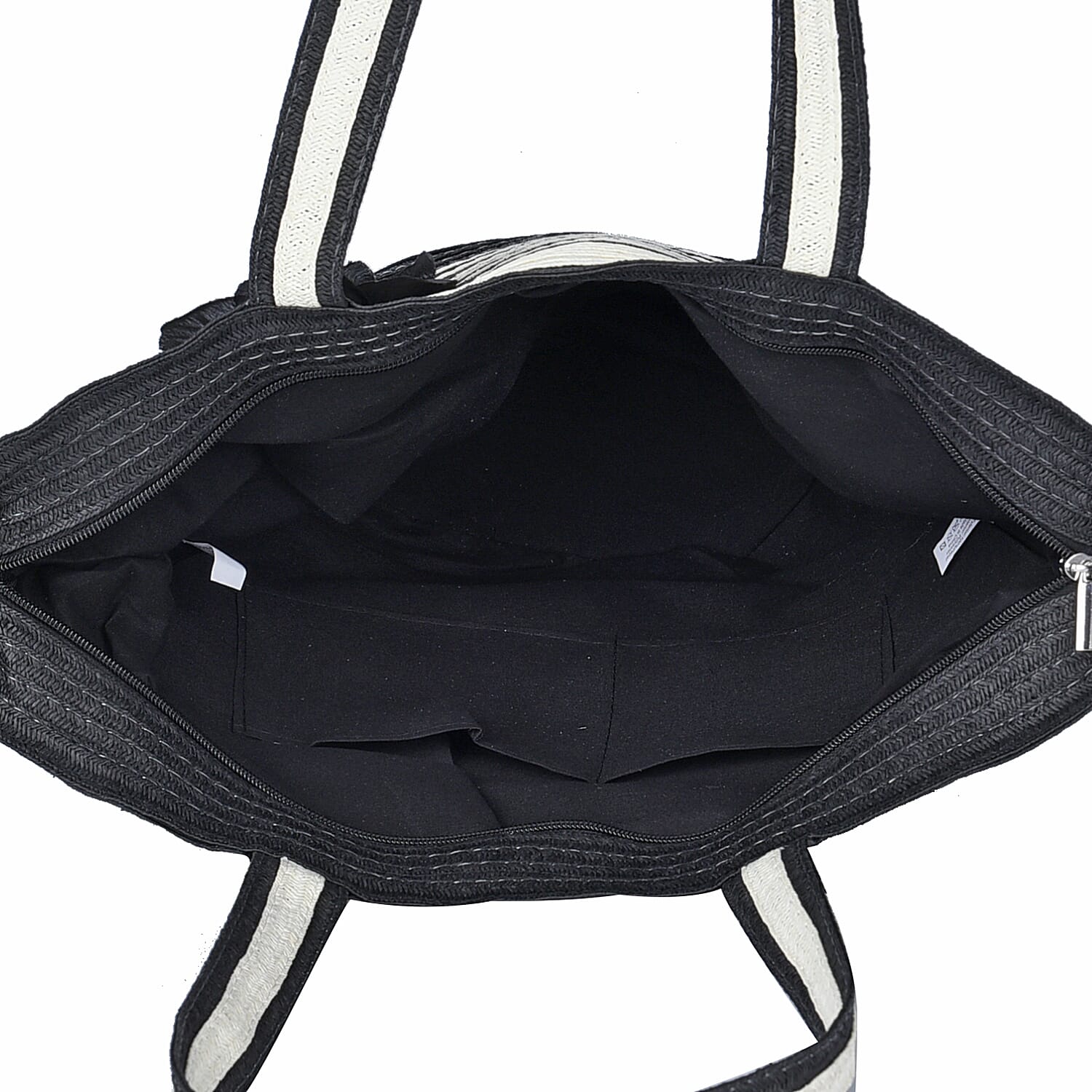 Black and White Stripe Pattern Polyester Handbag with Matching Paper Straw Hat