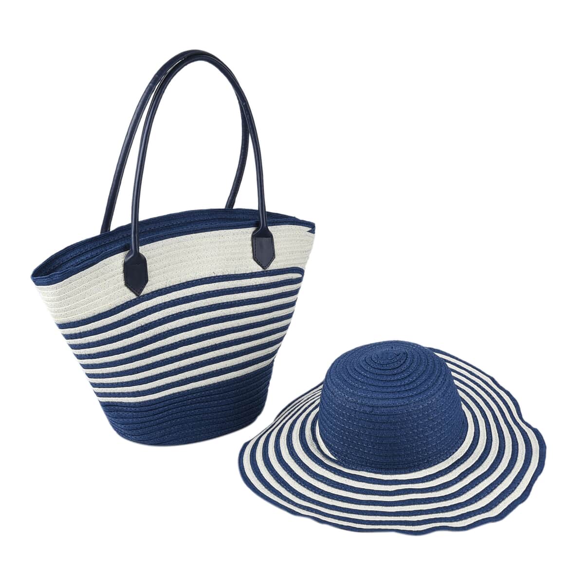 Navy and White Stripe Pattern Polyester Handbag with Matching Paper Straw Hat image number 0