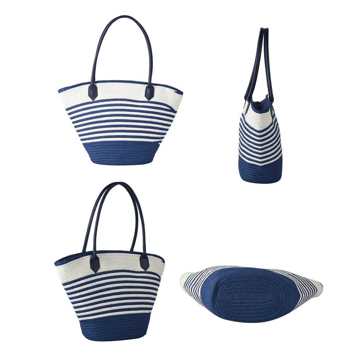 Navy and White Stripe Pattern Polyester Handbag with Matching Paper Straw Hat image number 2