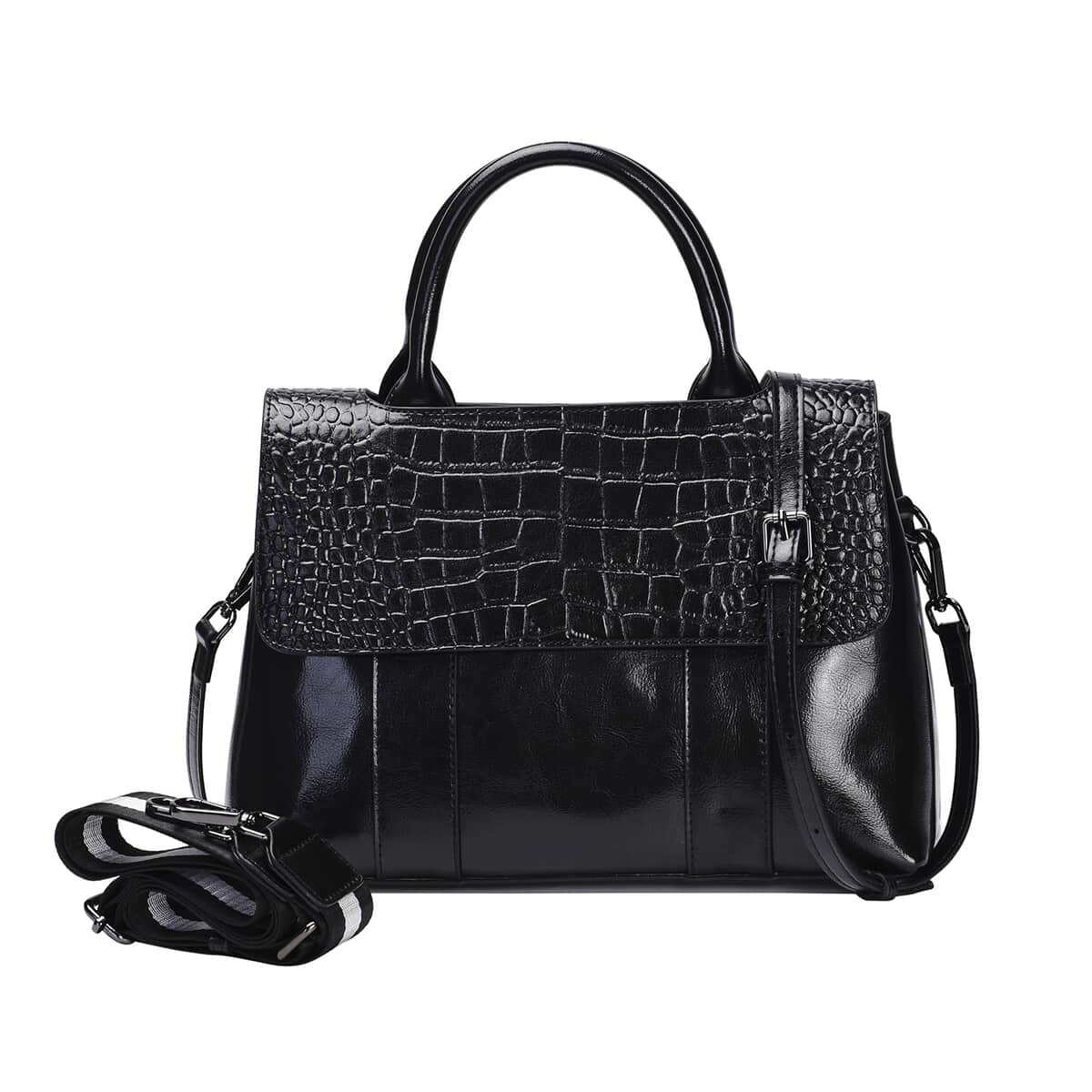 Black Crocodile Embossed Pattern Genuine Leather Convertible Tote Bag with Set of 2 Woven & Leather Strap image number 0