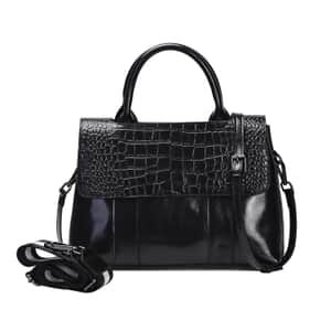 Black Crocodile Embossed Pattern Genuine Leather Convertible Tote Bag with Set of 2 Woven & Leather Strap