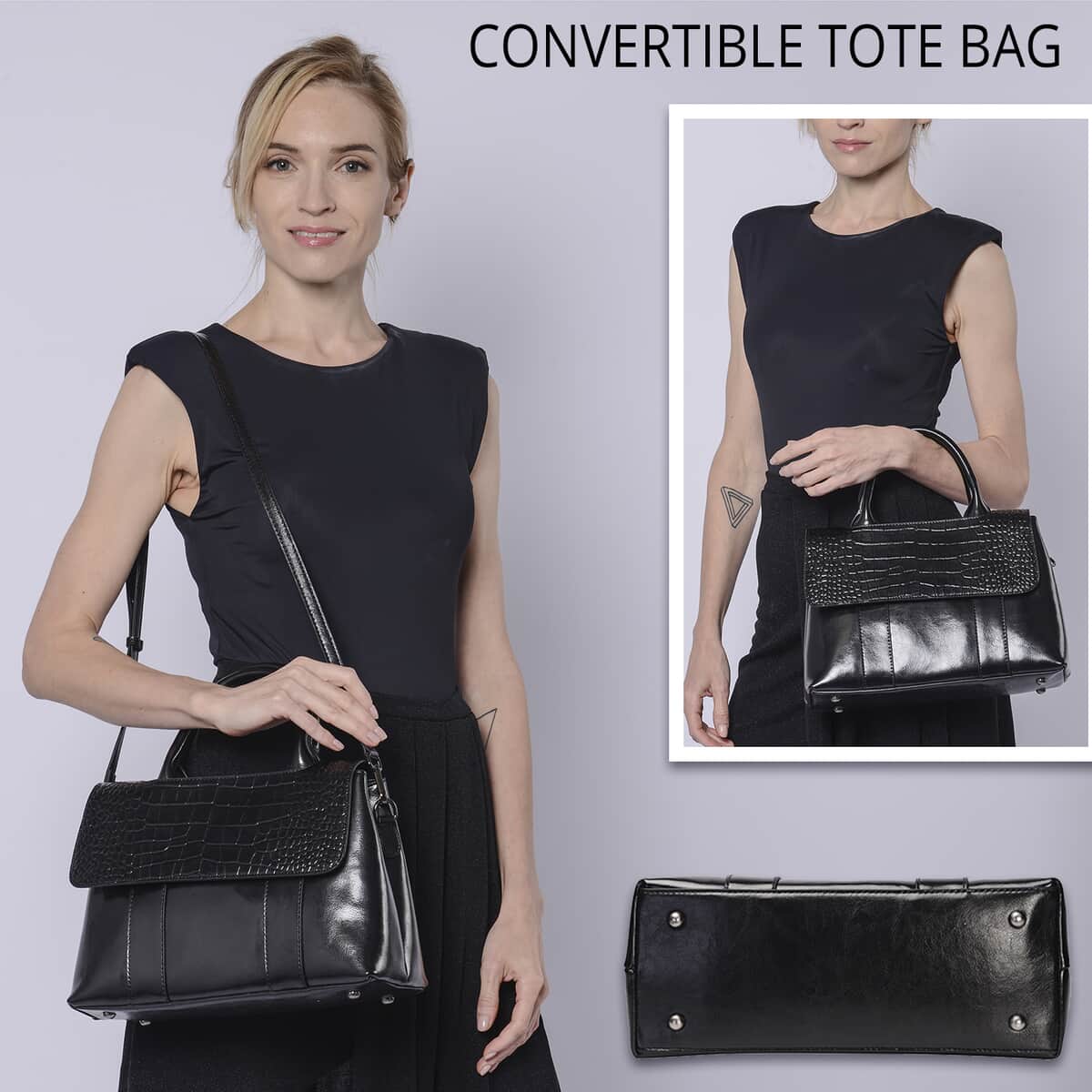 Black Crocodile Embossed Pattern Genuine Leather Convertible Tote Bag with Set of 2 Woven & Leather Strap image number 1