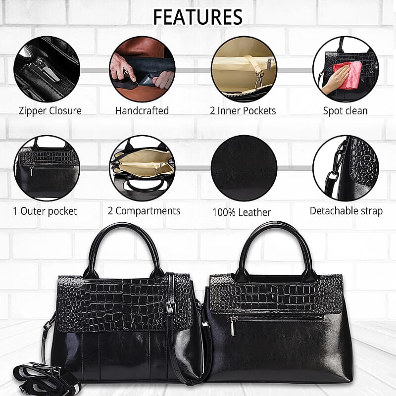 Black Crocodile Embossed Pattern Genuine Leather Convertible Tote Bag with Set of 2 Woven & Leather Strap