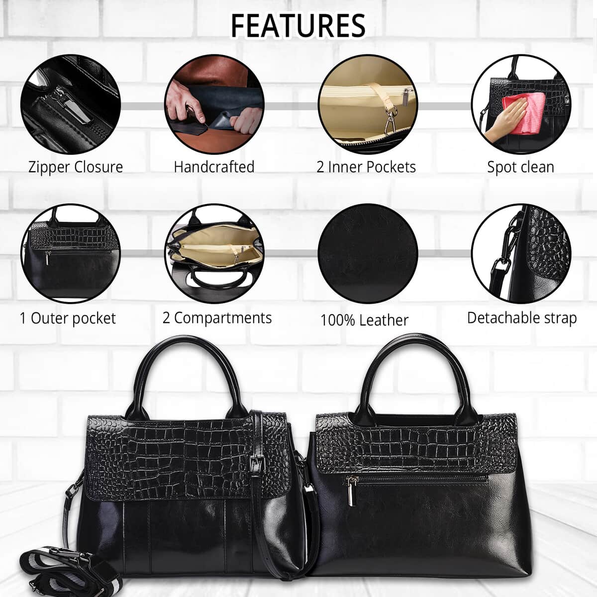 Black Crocodile Embossed Pattern Genuine Leather Convertible Tote Bag with Set of 2 Woven & Leather Strap image number 2