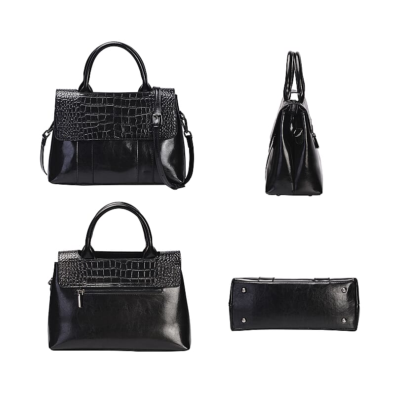 Black Crocodile Embossed Pattern Genuine Leather Convertible Tote Bag with Set of 2 Woven & Leather Strap