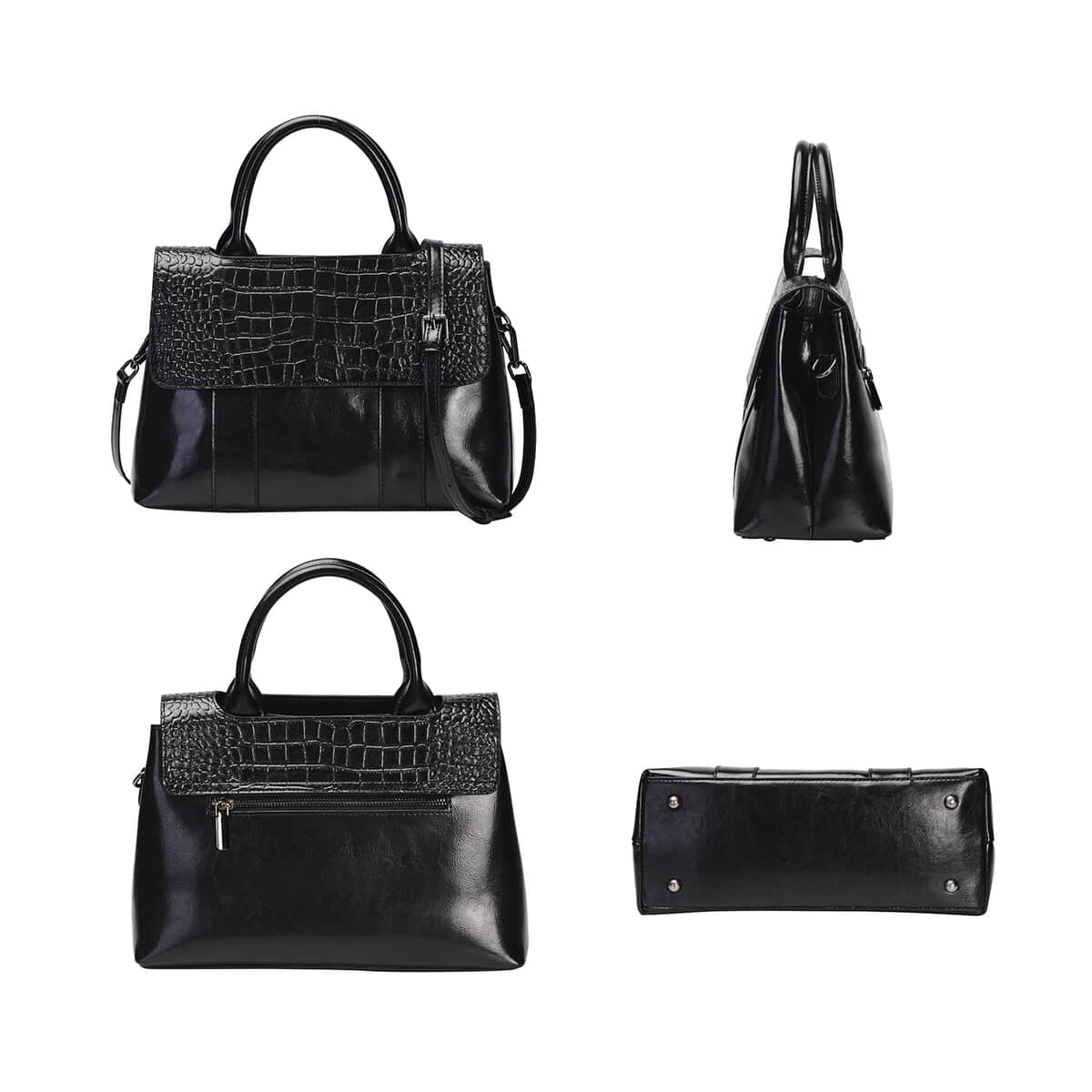 Black Crocodile Embossed Pattern Genuine Leather Convertible Tote Bag with Set of 2 Woven & Leather Strap image number 3