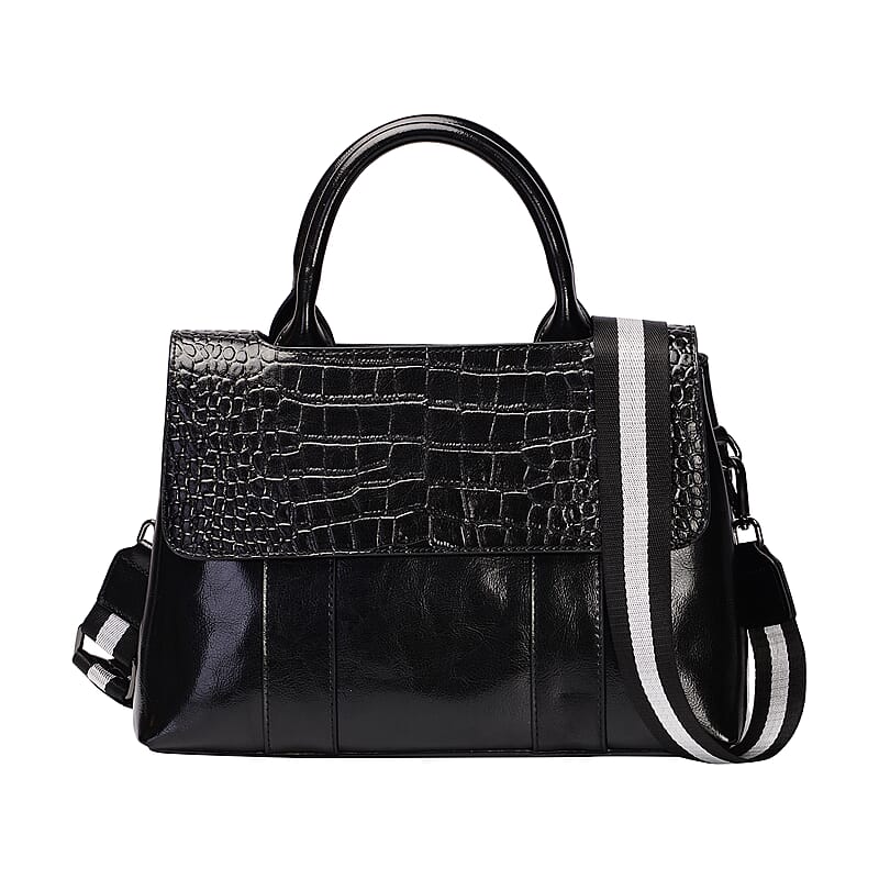 Black Crocodile Embossed Pattern Genuine Leather Convertible Tote Bag with Set of 2 Woven & Leather Strap
