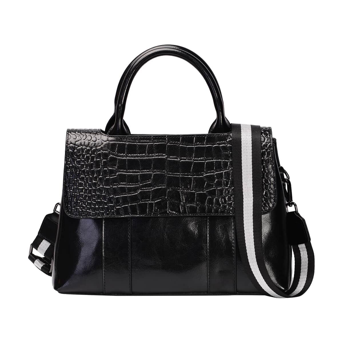 Black Crocodile Embossed Pattern Genuine Leather Convertible Tote Bag with Set of 2 Woven & Leather Strap image number 4