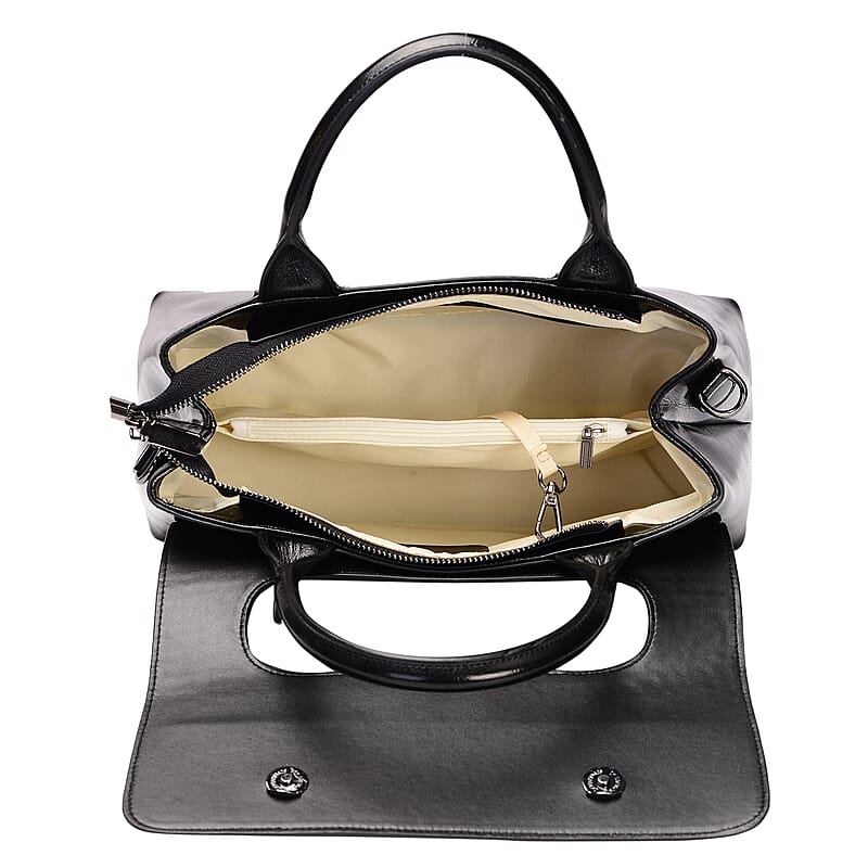 Black Crocodile Embossed Pattern Genuine Leather Convertible Tote Bag with Set of 2 Woven & Leather Strap