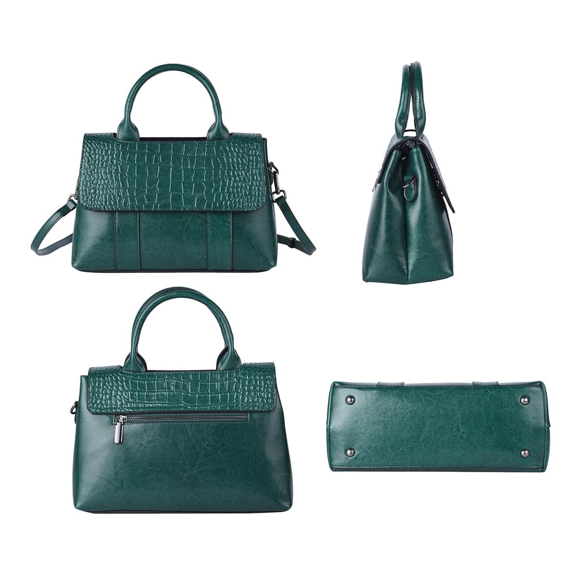 Green Crocodile Embossed Genuine Leather Tote Bag for Women, Woven & Leather Strap, Satchel Purse, Shoulder Handbag image number 3