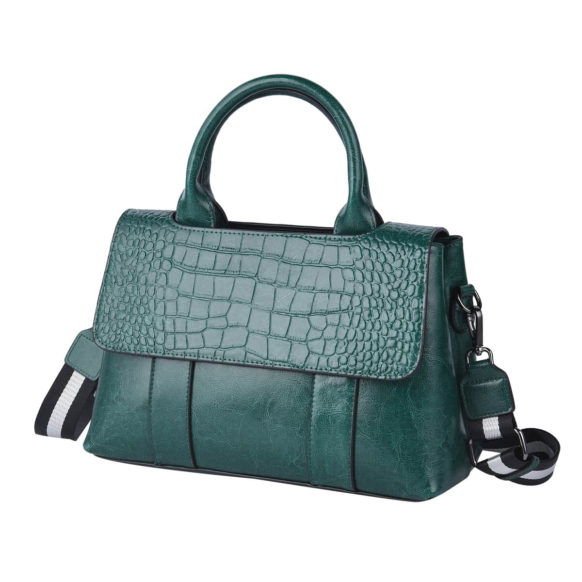 Green Crocodile Embossed Genuine Leather Tote Bag for Women, Woven & Leather Strap, Satchel Purse, Shoulder Handbag image number 6