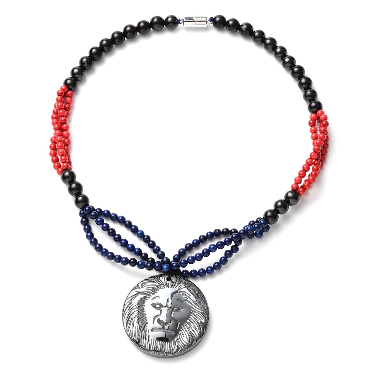 Hematite Carved, Shungite, Red Lepidisis Olapa and Lapis Beaded Necklace with Lion Pendant 18 Inches in Rhodium Over Sterling Silver 446.50 ctw image number 0