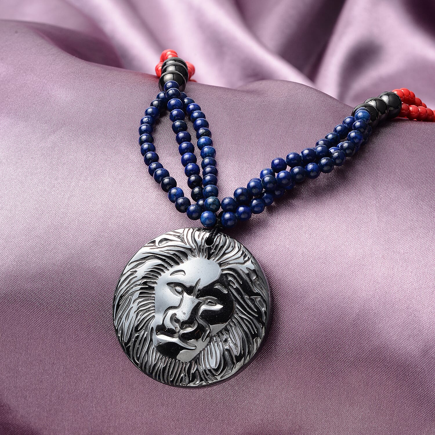Hematite Carved, Shungite, Red Lepidisis Olapa and Lapis Beaded Necklace with Lion Pendant 18 Inches in Rhodium Over Sterling Silver 446.50 ctw