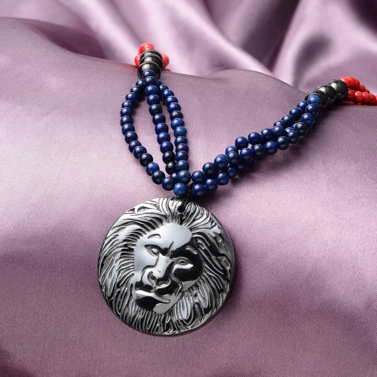 Hematite Carved, Shungite, Red Lepidisis Olapa and Lapis Beaded Necklace with Lion Pendant 18 Inches in Rhodium Over Sterling Silver 446.50 ctw image number 1