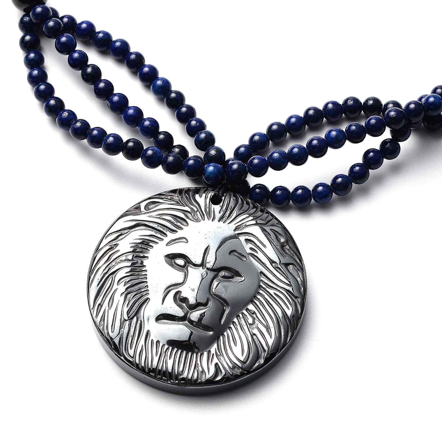 Hematite Carved, Shungite, Red Lepidisis Olapa and Lapis Beaded Necklace with Lion Pendant 18 Inches in Rhodium Over Sterling Silver 446.50 ctw