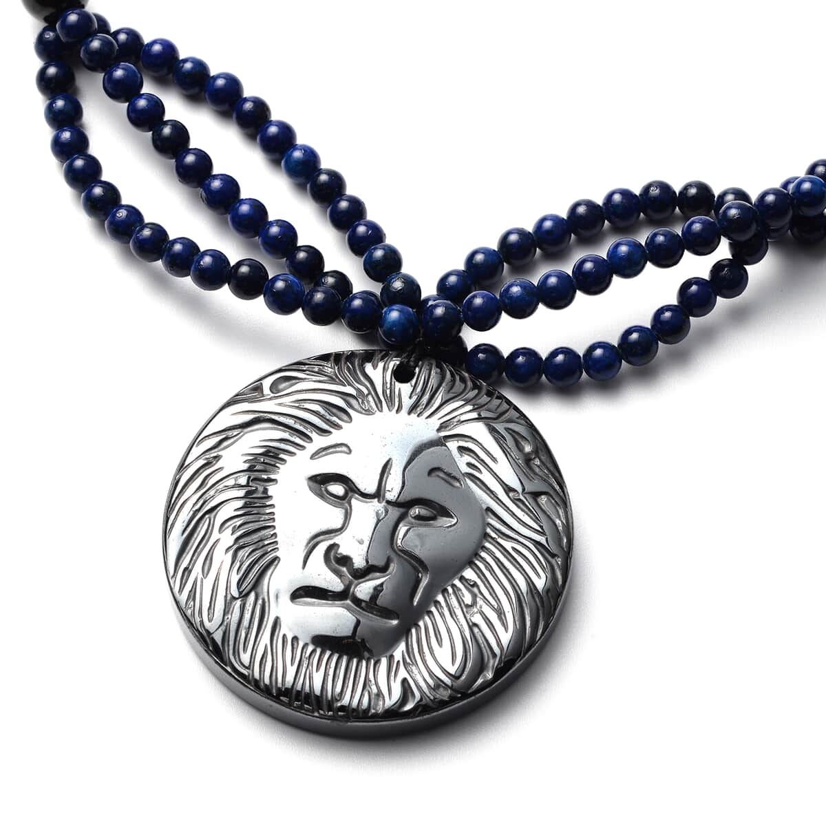 Hematite Carved, Shungite, Red Lepidisis Olapa and Lapis Beaded Necklace with Lion Pendant 18 Inches in Rhodium Over Sterling Silver 446.50 ctw image number 2