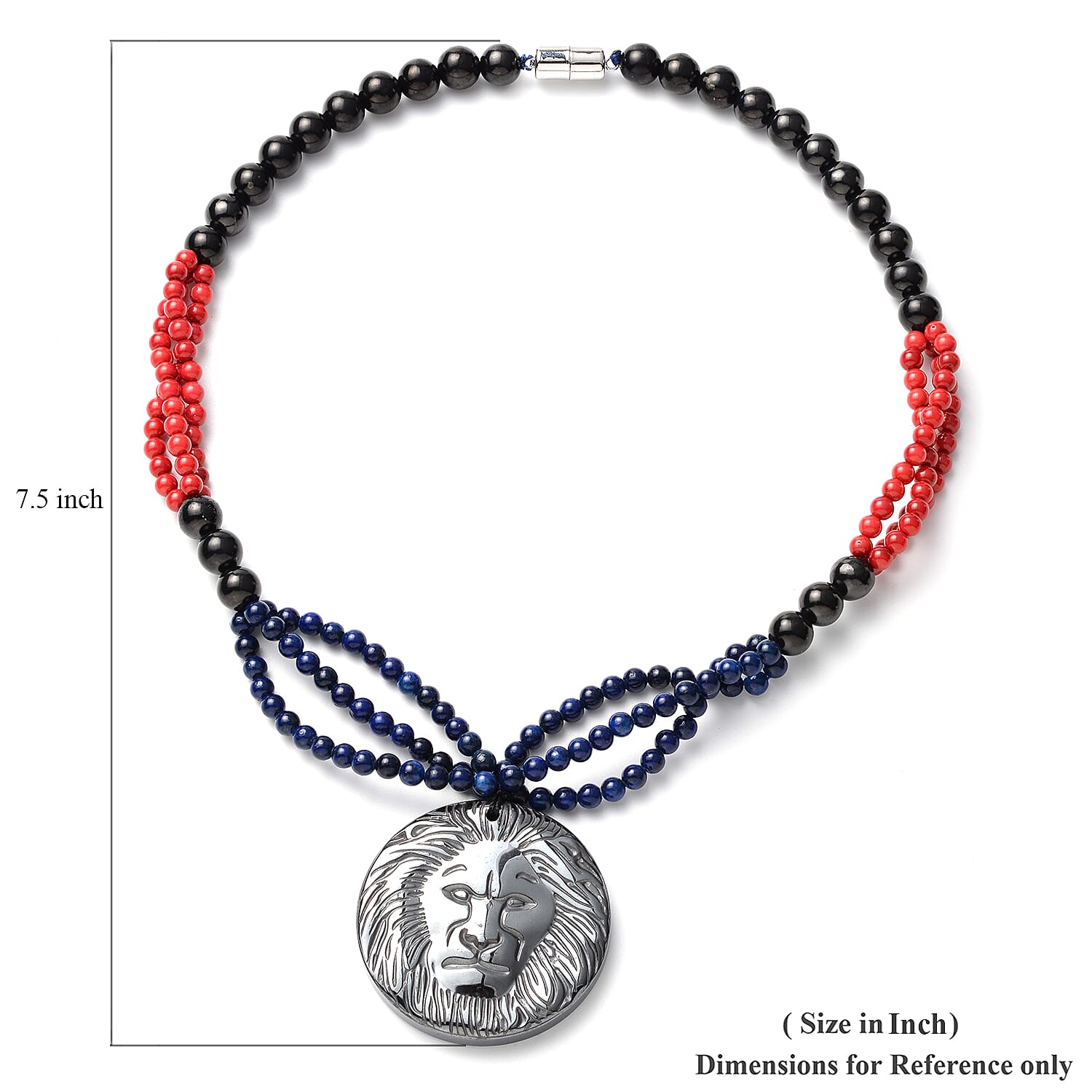 Hematite Carved, Shungite, Red Lepidisis Olapa and Lapis Beaded Necklace with Lion Pendant 18 Inches in Rhodium Over Sterling Silver 446.50 ctw
