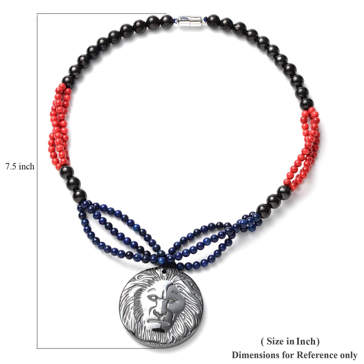 Hematite Carved, Shungite, Red Lepidisis Olapa and Lapis Beaded Necklace with Lion Pendant 18 Inches in Rhodium Over Sterling Silver 446.50 ctw image number 5