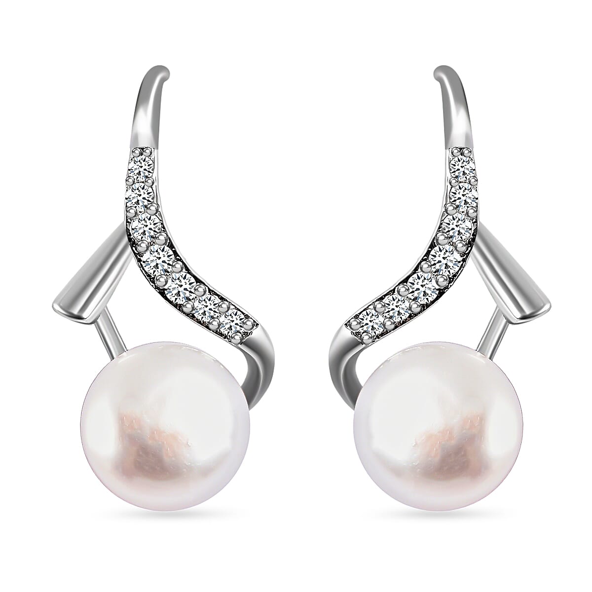 White Freshwater Pearl and Simulated Diamond Earrings in Silvertone