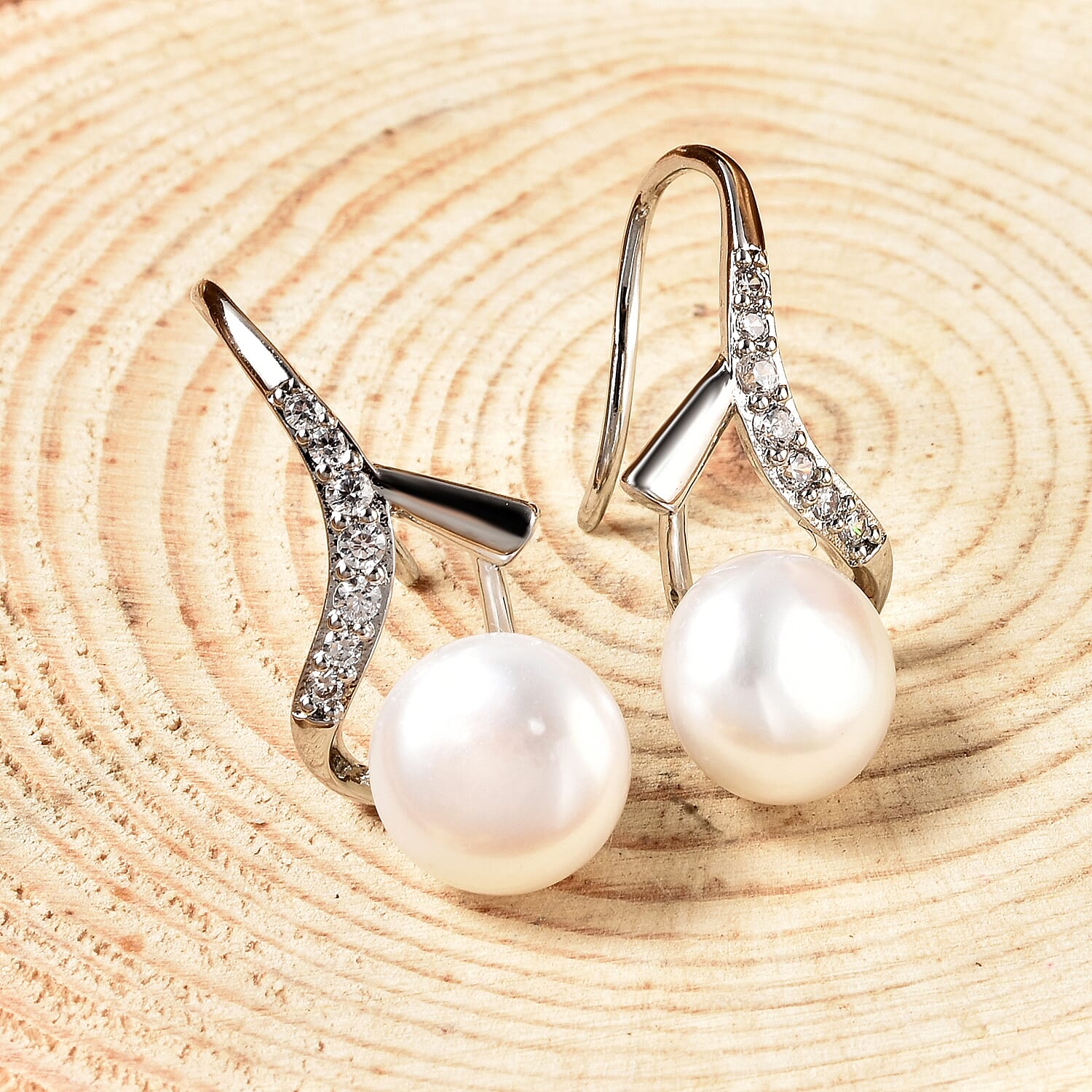 White Freshwater Pearl and Simulated Diamond Earrings in Silvertone