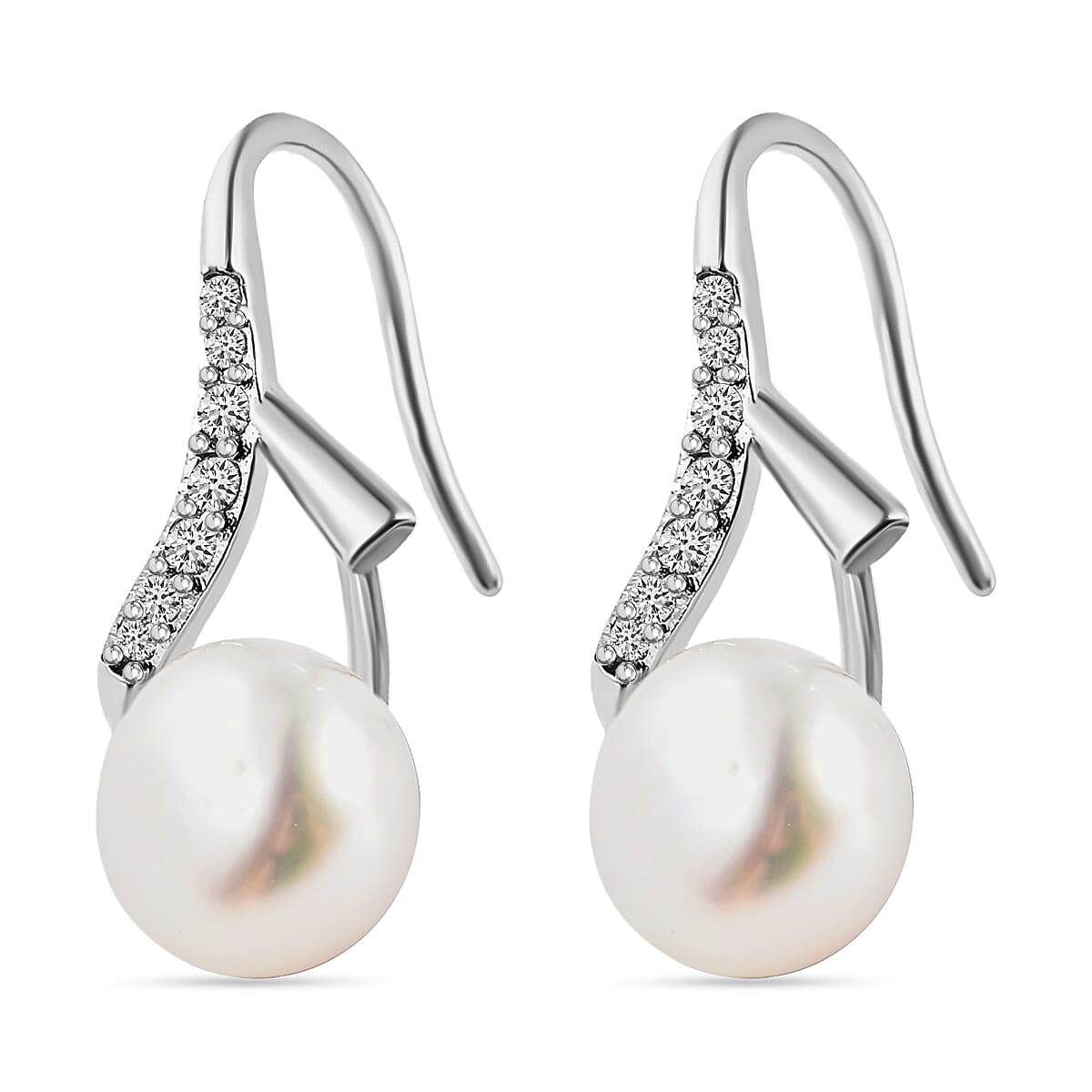 White Freshwater Pearl and Simulated Diamond Earrings in Silvertone