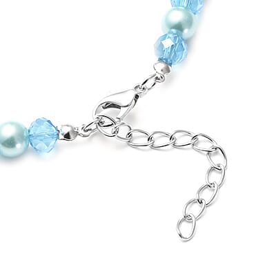 Simulated Blue Pearl and Glass Beaded Necklace 20-22 Inches in Stainless Steel