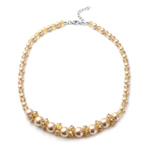 Simulated Champagne Color Pearl and Glass Beaded Necklace 20-22 Inches in Stainless Steel